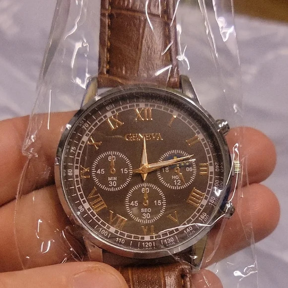 Geneva Brown Chronograph men's Leather Strap Watch. Never opened. NEW in Package - Picture 1 of 5